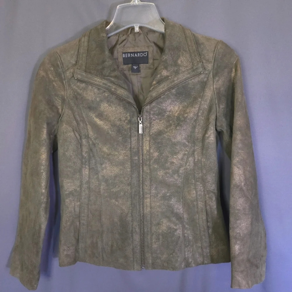 Bernardo Leather Moto Jacket Size Medium Green and Gold